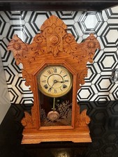 Antique Victorian Pressed Oak Gingerbread Kitchen Mantel Clock with Pendulum — listing 6