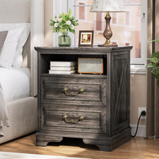 Modern Gray Oak Laminate 1-Drawer Nightstand with Open Shelf (Set of 2) — listing 2