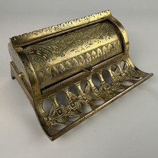 Antique Victorian Ornate Brass Double Inkwell Desk Stand with Figural Bacchus/Mask Backplate — listing 6