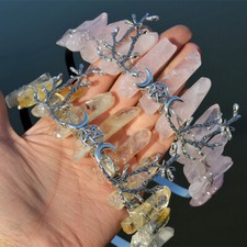 Early 2000s Handmade Clear Quartz Crystal Crown / Goddess Circlet with Crescent Moon