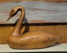 Hand-Carved Wooden Swan Decoy with Crackle Paint Finish, Artist Signed