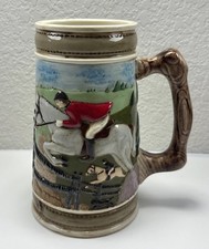 Vintage Red Glazed Ceramic Tankard Pitcher with Embossed Crest — listing 2