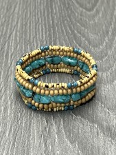 Multi-Strand Turquoise Blue Seed Bead Stretch Cuff Bracelet with Wooden Toggle Clasp — listing 3