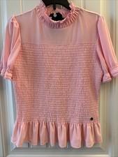 Nautica Jeans Pink Smocked Ruffle Short-Sleeve Blouse, Size L, NWT — listing 3