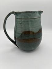Handmade Stoneware Pottery Pitcher with Pulled Handle and White Glaze