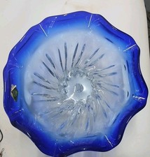 Vintage Blue Swirl Glass Serving Bowl with Scalloped Rim