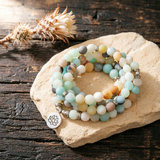 Handmade Beaded Stretch Bracelet with Amazonite, Fire Agate, Turquoise-Style Beads and Silver-Tone Lotus Charm — listing 5