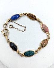 Vintage Scarab Bracelet with 8 Carved Multi-Gemstone Cabochons (Tiger's Eye, Carnelian, Green Chalcedony, Banded Agate, Unakite, Rhodonite), Gold-Filled Links — listing 4