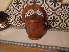 Hand-Carved Teak Wood Basket with Handle, Floral Scrollwork Relief — listing 4