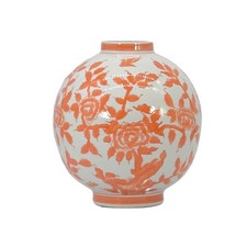 Hand-Painted Ceramic Globe Vase with Blue-Green Leaf Motif