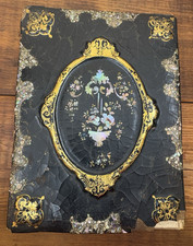 Antique Oval Black Lacquered Papier-Mâché Tray with Chromolithograph Farmhouse Landscape — listing 3