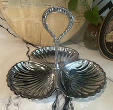Vintage Ruby Red & White Swirl Art Glass Two-Tier Tidbit Serving Tray with Chrome Handle