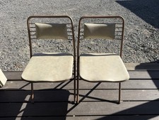 Cosco Vintage Green Metal Folding Chair with Striped Upholstered Seat and Back — listing 4