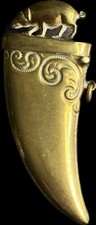 Antique Brass & Wood Wall-Mounted Fireplace Match Holder with Striker on Chain — listing 3
