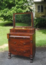 Antique American Empire Flame Mahogany Chest of Drawers with Carved Pineapple Columns and Paw Feet — listing 4