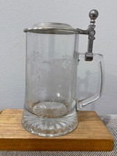 Pair of German Etched Glass Beer Steins with Hinged Pewter Lids, Elk/Stag Wildlife Motif — listing 4
