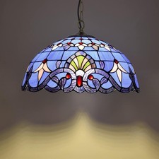 Vintage Spanish Revival Six-Panel Stained Slag Glass Pendant Lamp with Gilt Scrollwork — listing 4