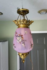 Antique Victorian Cranberry Glass Hanging Hall Lamp with Brass Font and Ceiling Canopy — listing 6