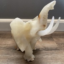 Hand-Carved Gray Marble Elephant Figurine with Raised Trunk and Bone/Resin Tusks — listing 4