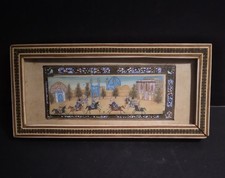 Persian Hand-Painted Polo Match Miniature Painting in Khatam Micro-Mosaic Frame