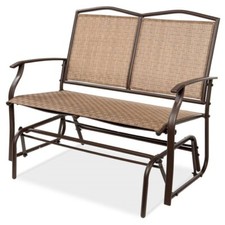 Outdoor Patio Loveseat with Mesh Sling Back and Cushion, Black Metal Frame with Wood-Tone Armrests — listing 6