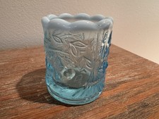 Blue Opalescent Beaded Drape Pattern Footed Toothpick Holder / Miniature Vase with Ring Stem — listing 4