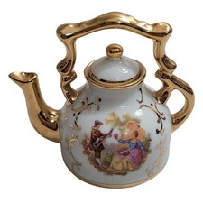 Limoges France Miniature Porcelain Teapot Burgundy Courting Couple — listing 6
