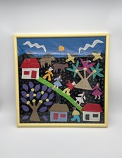 Peruvian Folk Art Arpillera Textile Wall Hanging with Framed 3D Applique Village Scene — listing 5