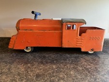 Antique Pressed-Steel Ride-On Locomotive Pull Toy with Tender, Bell, Whistle and Cowcatcher