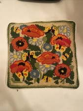 Vintage Hand-Embroidered Wool Needlepoint Floral Panel Coverlet / Textile — listing 2