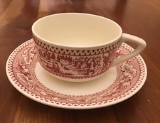 Vintage Red/Pink Transferware Teacup with Pastoral Scene — listing 3