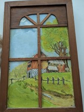 Vintage Hand-Painted Multi-Pane Window Sash Autumn Farm Scene Folk Art Painting — listing 3