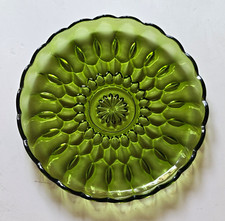 Vintage Emerald Green Pressed Glass Footed Vase with Swirl and Star/Hobstar Pattern, Scalloped Rim
