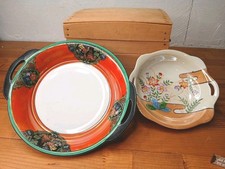 Noritake Lusterware Two-Handled Serving Bowl, Peach Luster with Black Rim and Floral Cartouches — listing 2