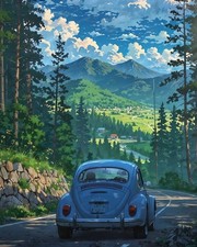 Vintage Paint-by-Number Painting of Antique Green Roadster Automobile on Board, Unframed — listing 3