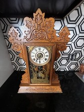 Antique Victorian Pressed Oak Gingerbread Kitchen Mantel Clock with Pendulum