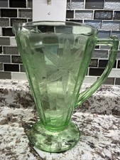 Vintage Green Uranium Glass Pressed Pitcher with Floral and Diamond Pattern, 8 inches — listing 5