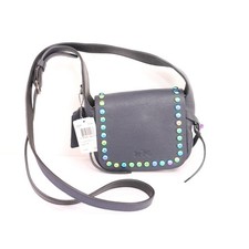 Navy Blue Pebbled Leather Crossbody Bucket Bag with Ring Buckle Accent — listing 2