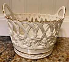 Lenox Ivory China Small Basket with Handle and Embossed Rose Pattern, Gold Trim — listing 2