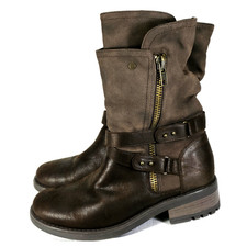 Carlos by Carlos Santana Gray Distressed Leather Buckle Mid-Calf Moto Boots — listing 6