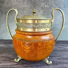 Pair of Antique English Oak Barrel-Form Biscuit Barrels with Silver-Plate Mounts — listing 4