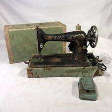 Antique Singer Electric Sewing Machine Head with Red Eye Decals, on Wood Base, listing 3