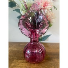 Vintage Hand-Blown Jack-in-the-Pulpit Art Glass Vase, Green & Pink Cased Glass with Ruffled Orange Top, 7.5" — listing 2