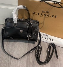 Black Leather Satchel Handbag with Contrast Brown Trim and Brass Hardware — listing 2