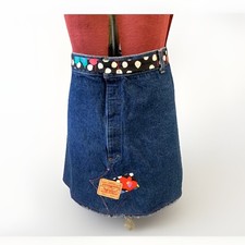 upcycled apron handmade Handmade Upcycled Denim Apron with Eyelet Lace Trim and Fabric Appliqués — listing 6