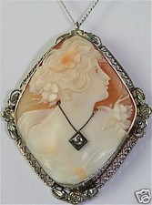 Antique Carved Shell Cameo Pendant with Diamond Habillé in Filigree Frame — listing 3