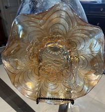 Vintage Marigold Carnival Glass Ruffled Bowl with Crackle/Tree Bark Texture, 7.5 inches