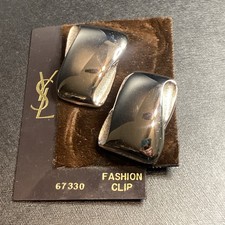 YSL Vintage Gold-Tone Navy Enamel Octagonal Monogram Logo Clip-On Earrings — listing 6