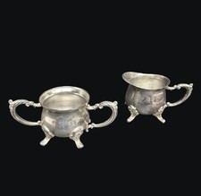 Vintage Silverplate Covered Sugar Bowl and Creamer Set with Gadroon Band and Scroll Handles