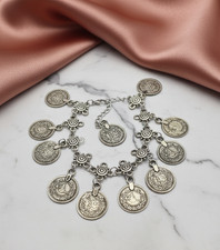 Boho Multi-Strand Charm Bib Necklace with Faux Coin Medallions, Wood Beads & Glass Stones — listing 5